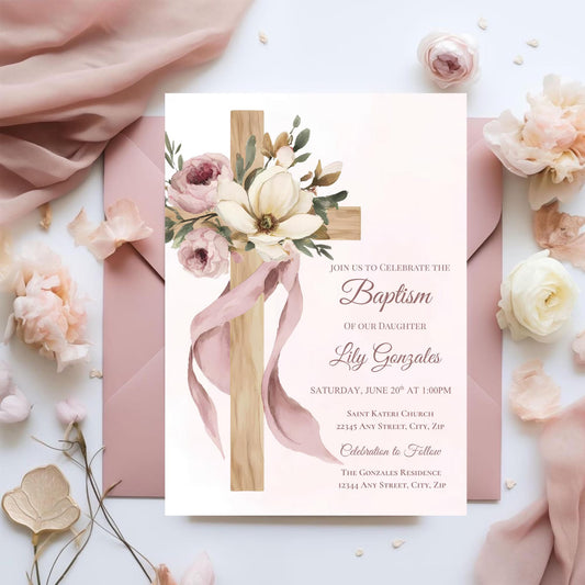 Floral Cross Baptism Invitation