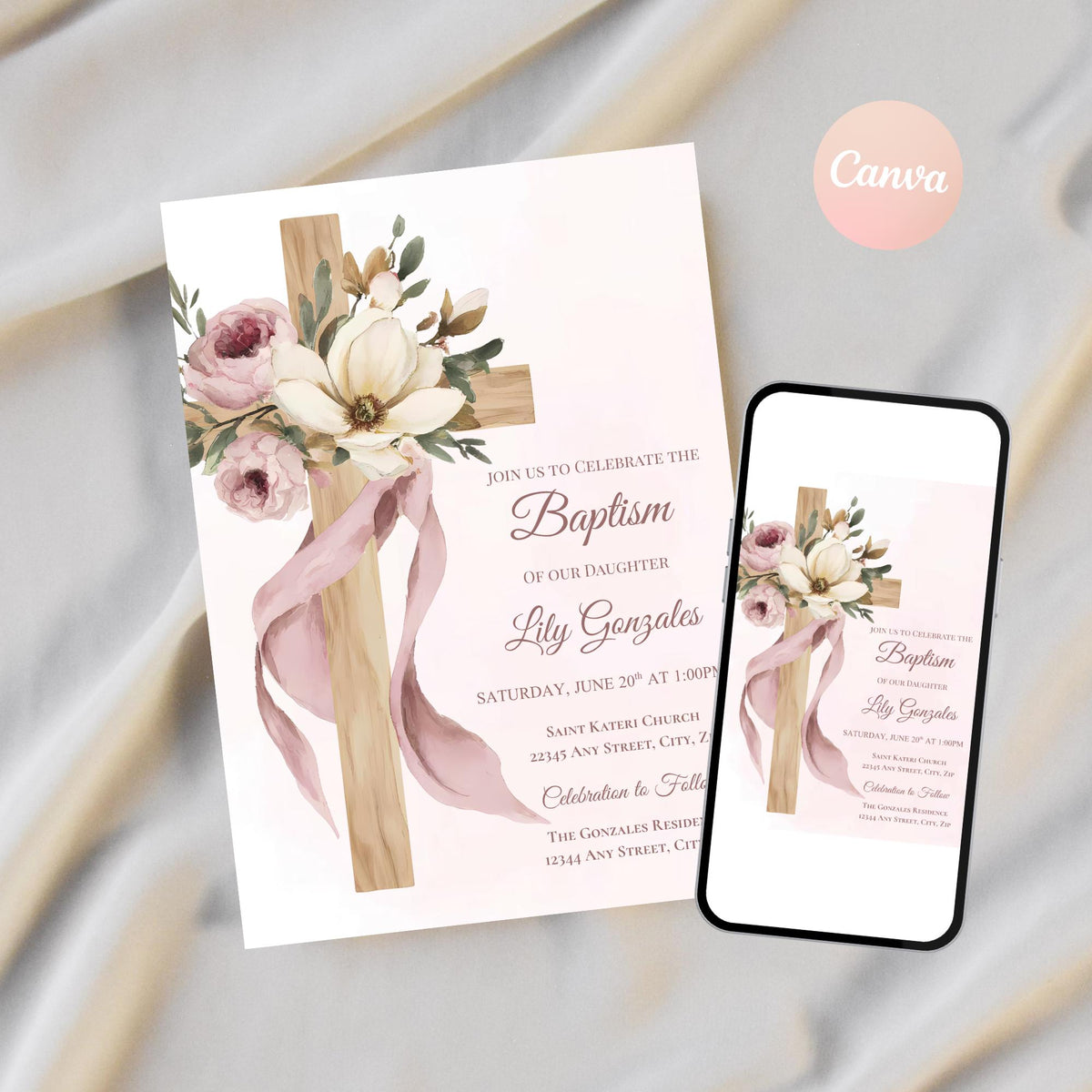 Floral Cross Baptism Invitation