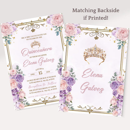 Floral Purple and Pink Quinceañera Invitation