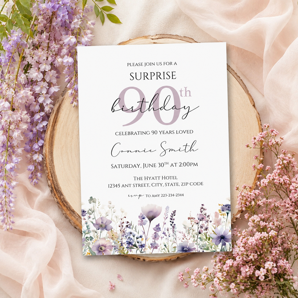 Floral Surprise 90th Birthday Invitation
