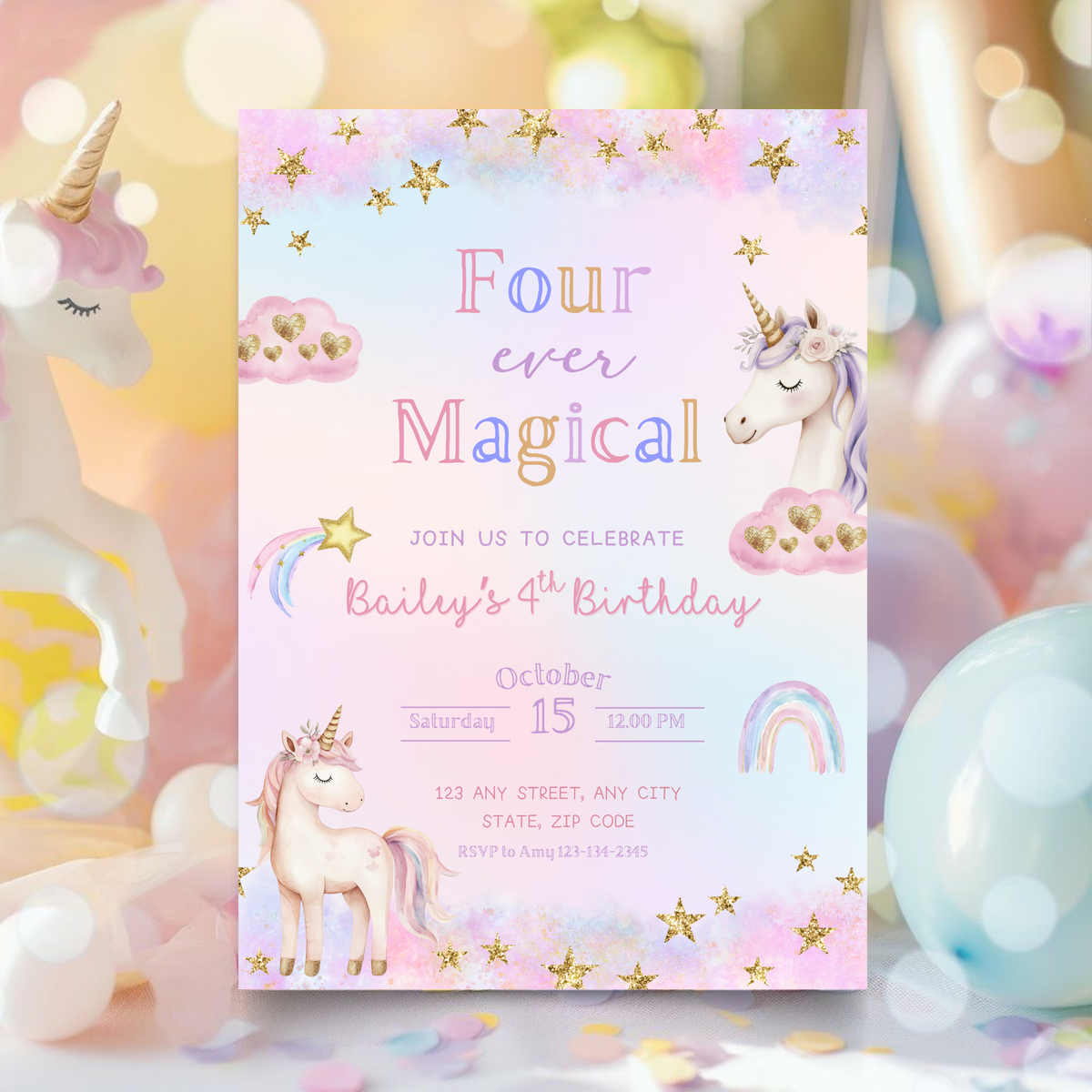 Four Ever Magical Unicorn 4th Birthday Invitation