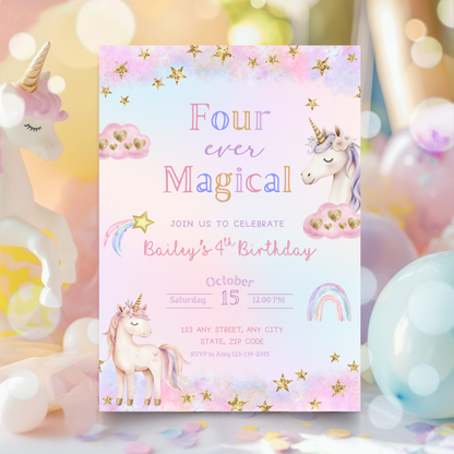 Four Ever Magical Unicorn 4th Birthday Invitation
