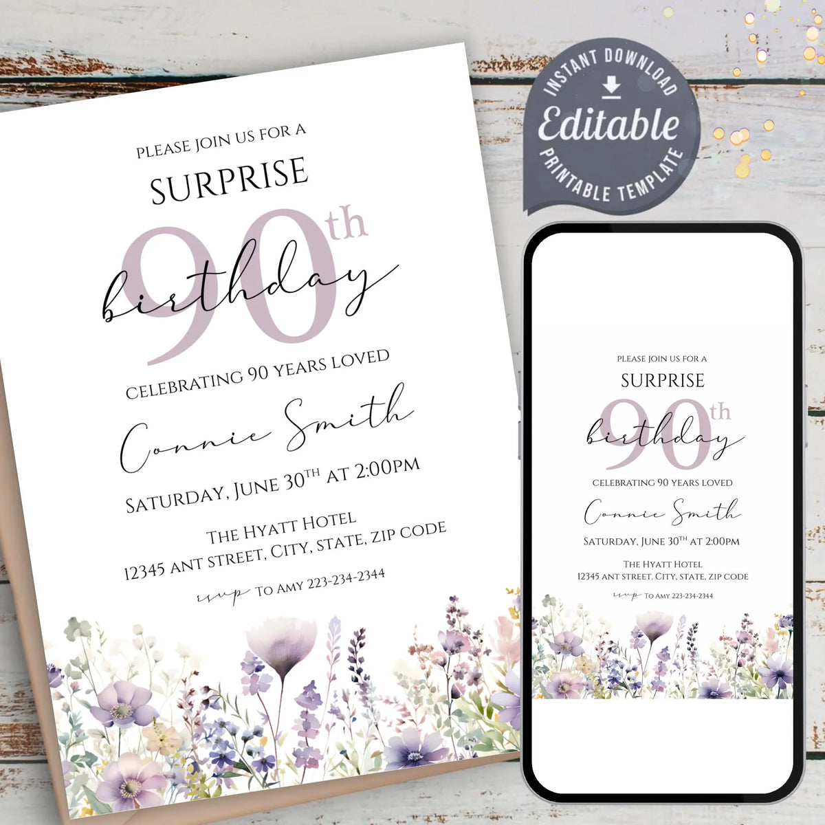 Floral Surprise 90th Birthday Invitation