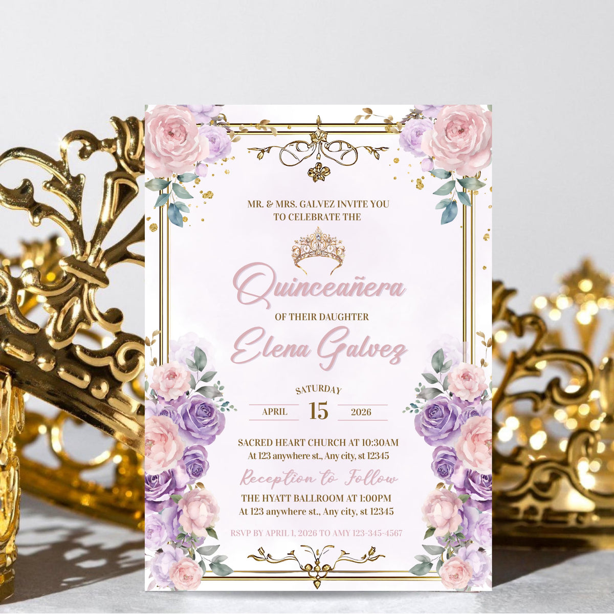 Floral Purple and Pink Quinceañera Invitation