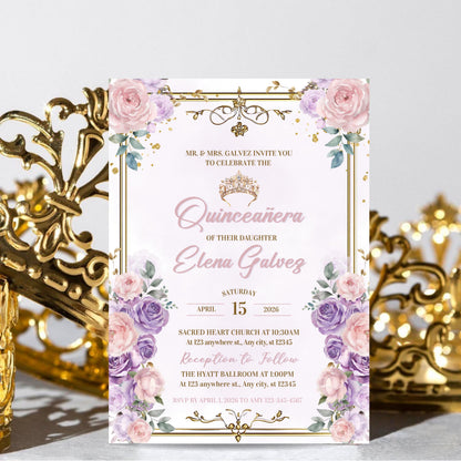 Floral Purple and Pink Quinceañera Invitation