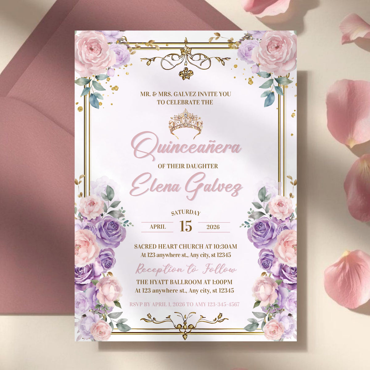 Floral Purple and Pink Quinceañera Invitation