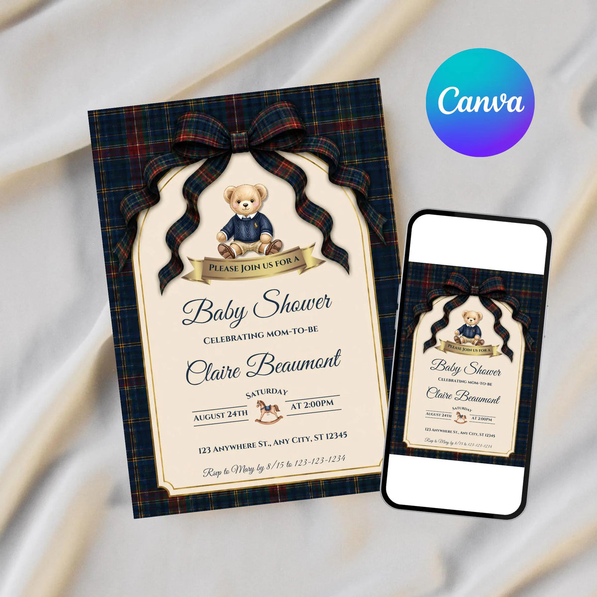 Vintage Polo Teddy Bear Baby Shower Invitation Bundle