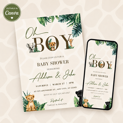 Oh Boy Safari Baby Shower Invitation Bundle