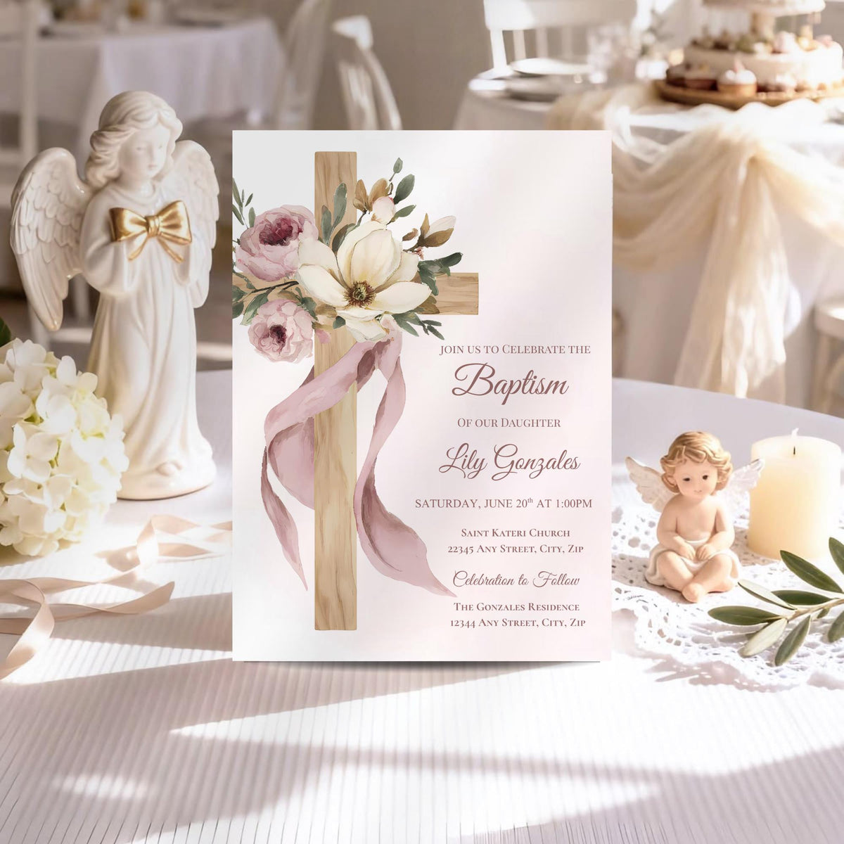 Floral Cross Baptism Invitation