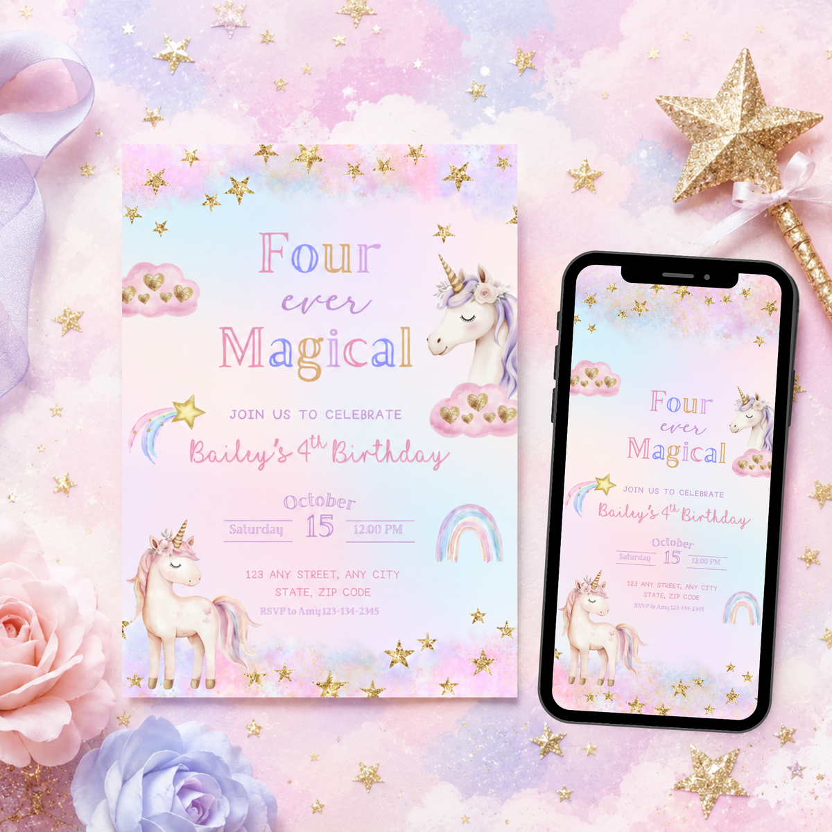 Four Ever Magical Unicorn 4th Birthday Invitation
