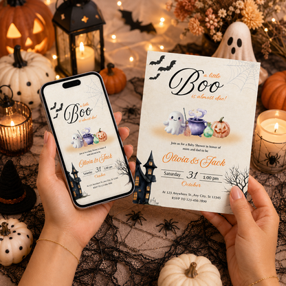 A Little Boo Is Almost Due Halloween Baby Shower Invitation Bundle