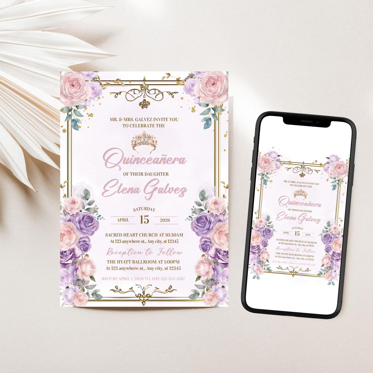 Floral Purple and Pink Quinceañera Invitation