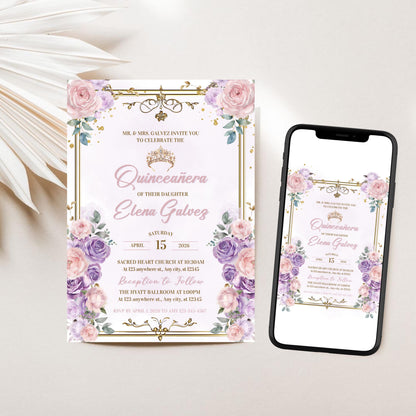 Floral Purple and Pink Quinceañera Invitation
