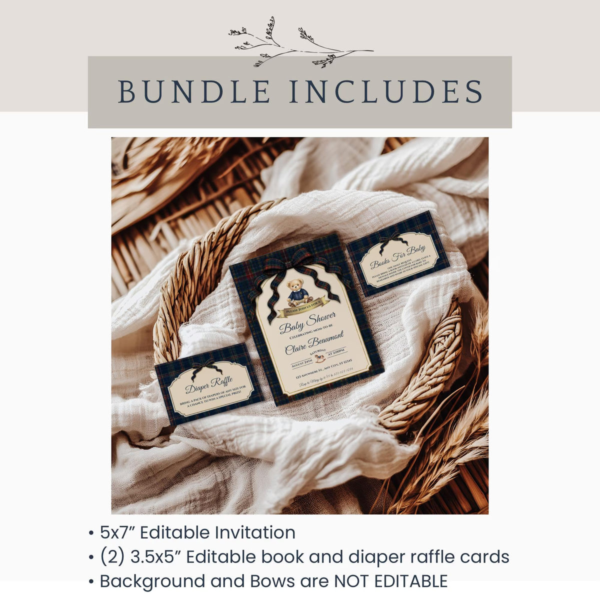 Vintage Polo Teddy Bear Baby Shower Invitation Bundle