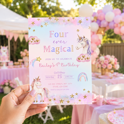 Four Ever Magical Unicorn 4th Birthday Invitation