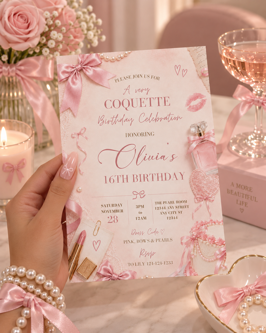 Pink Coquette Pearl and Bow Birthday Invitation