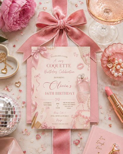 Pink Coquette Pearl and Bow Birthday Invitation