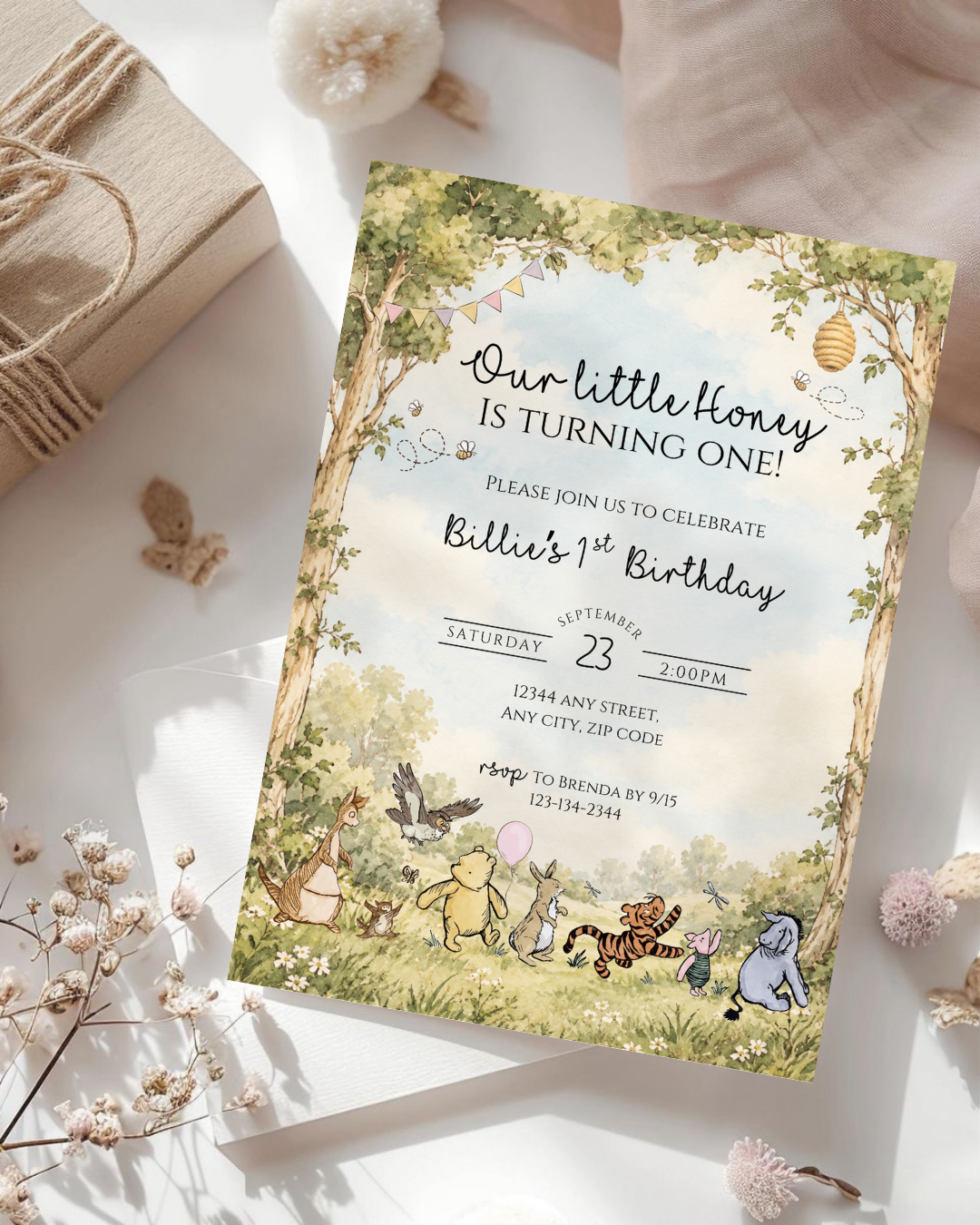Winnie the Pooh First Birthday Invitation | A Little Honey is Turning One