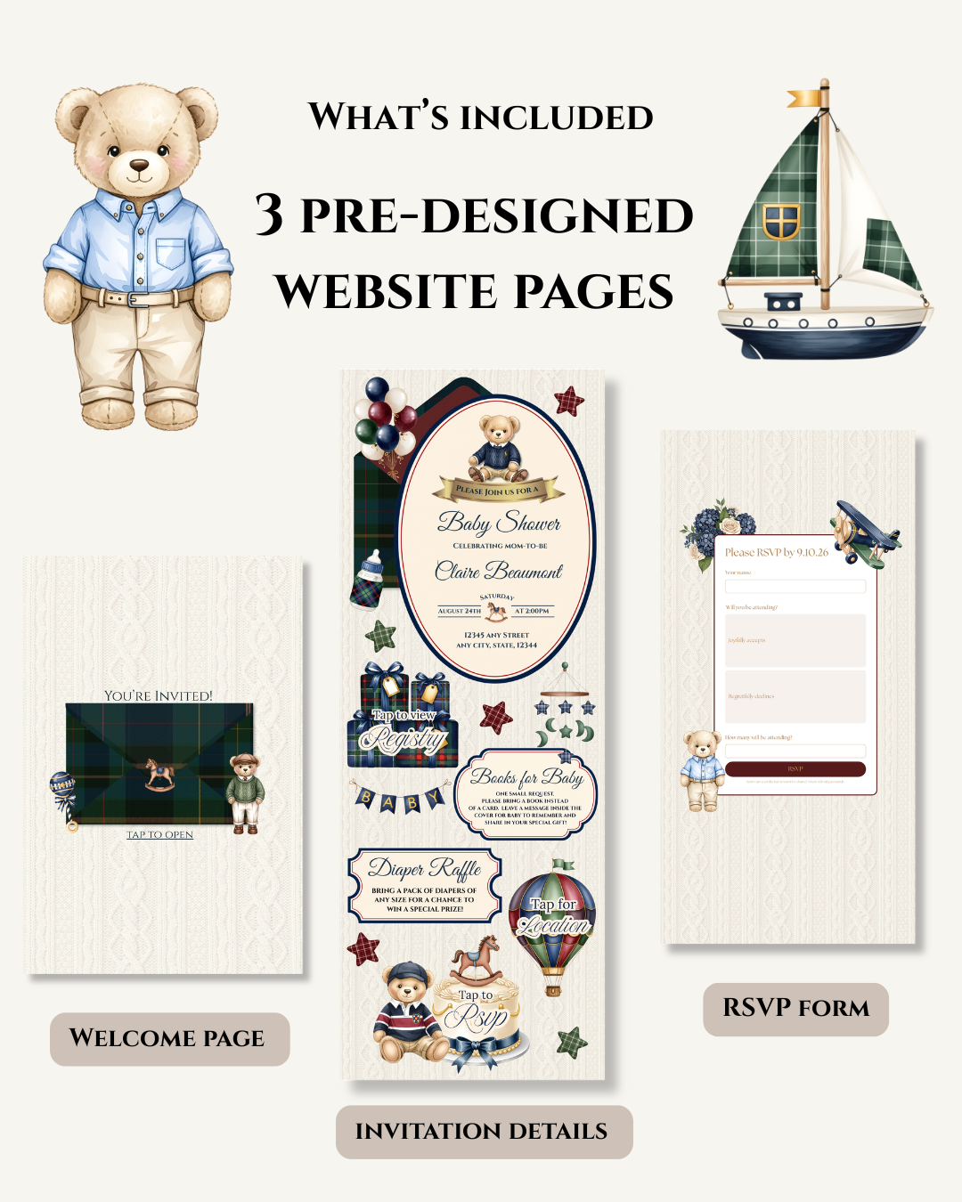 Ralph Lauren Vintage Teddy Bear Baby Shower Website Invitation